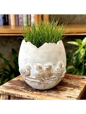Bird Egg Planter Cement Look Cottage Garden Decor Storybook Style